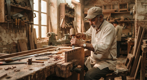 Master Artisan Hand Chiseling Dovetail Joint - Greenwood Furniture Lucknow