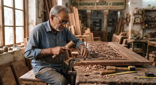 Hand-Carving Floral Motifs on Teak Headboard - Greenwood Furniture Lucknow